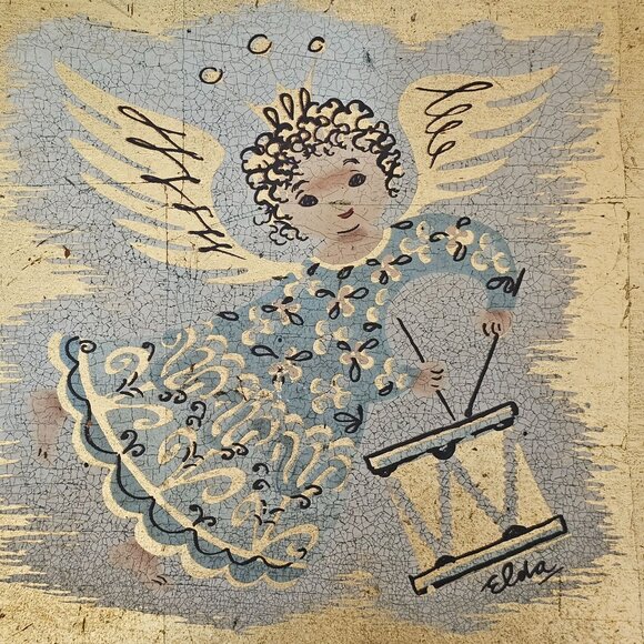 Holiday Folk Art Angel Wooden Wall Hanging 8" gold blue cherub handpainted (2) - Picture 4 of 9